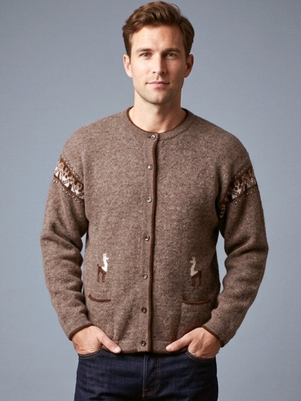 Vintage Arequipa Peruvian Baby Alpaca Cardigan Knit Sweater Brown Cream L/XL